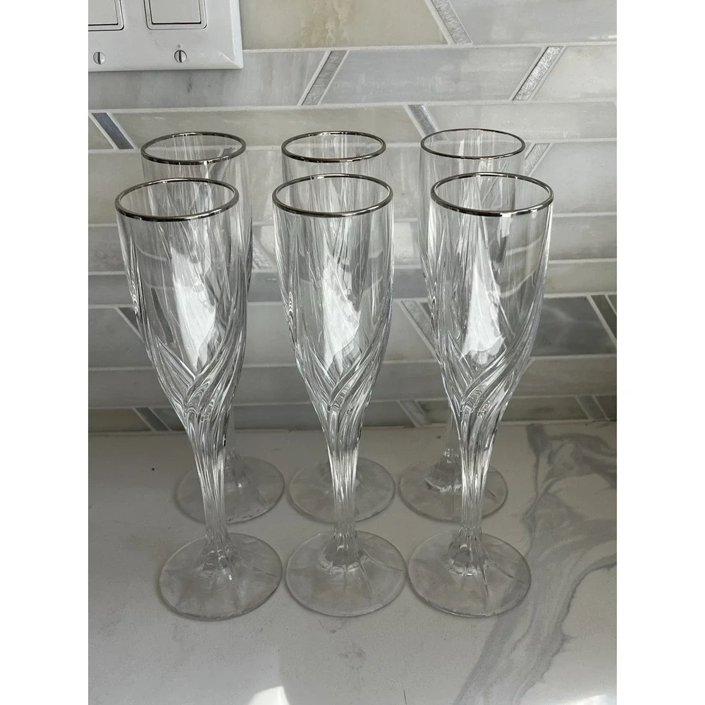 Set of 6 Lenox Cut Crystal DEBUT Platinum Rim Champagne Flute Wine Glass